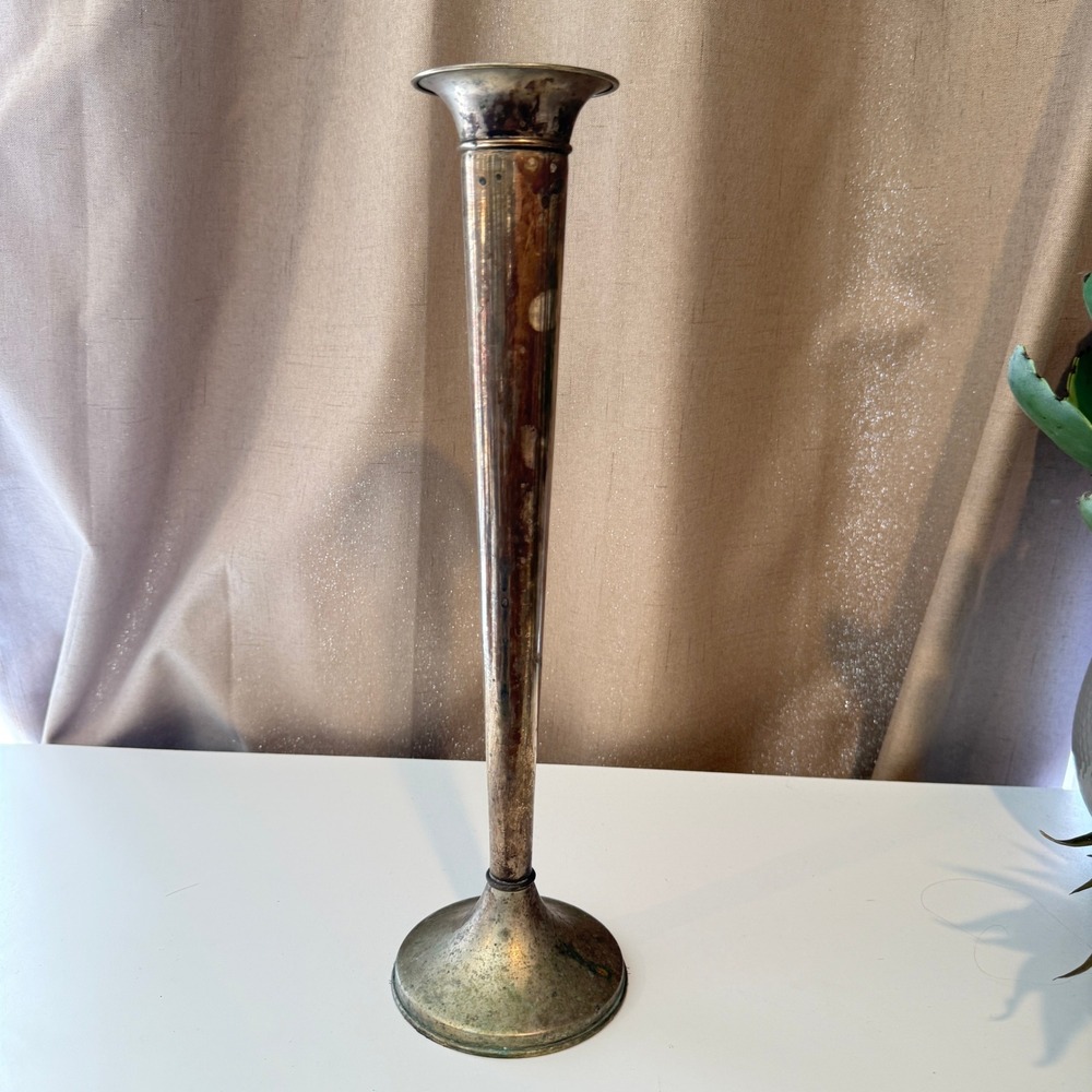 Two's Company Trumpet Bud Vase Vintage Silver Tone Patinated Metal Tall 12 inch